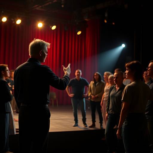 Um diretor de teatro ensinando atores no palco, com luzes e cenários ao fundo.